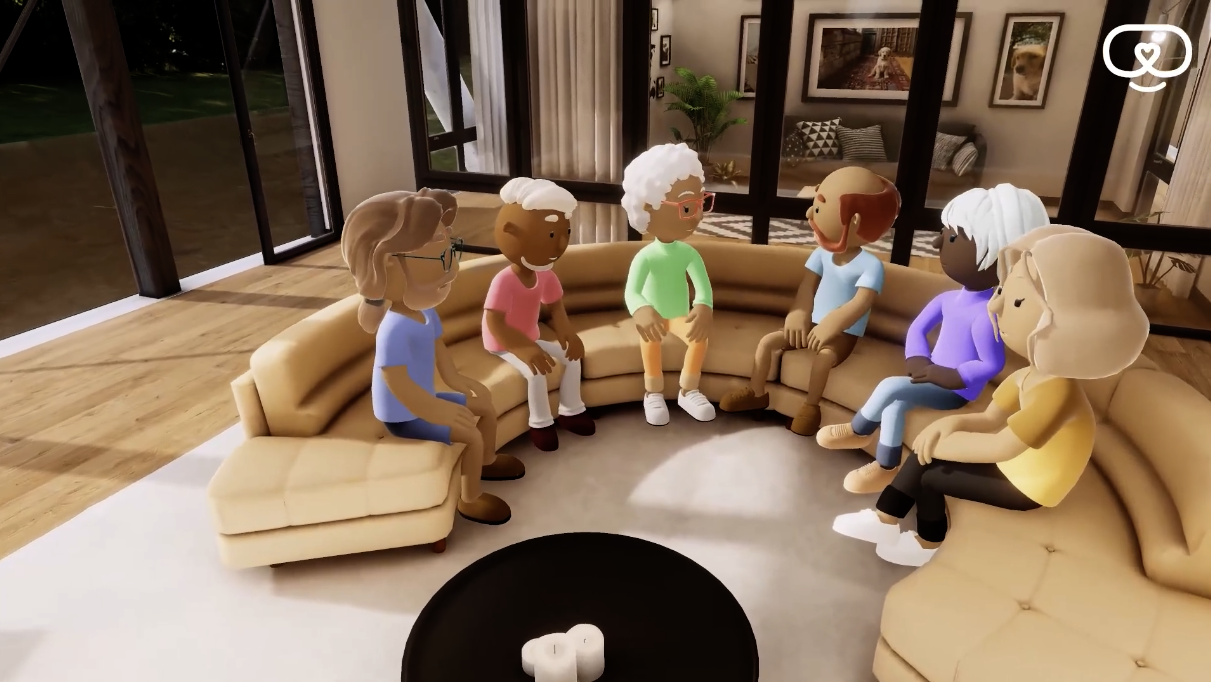Seniors as avatars sitting in a circle on a virtual porch